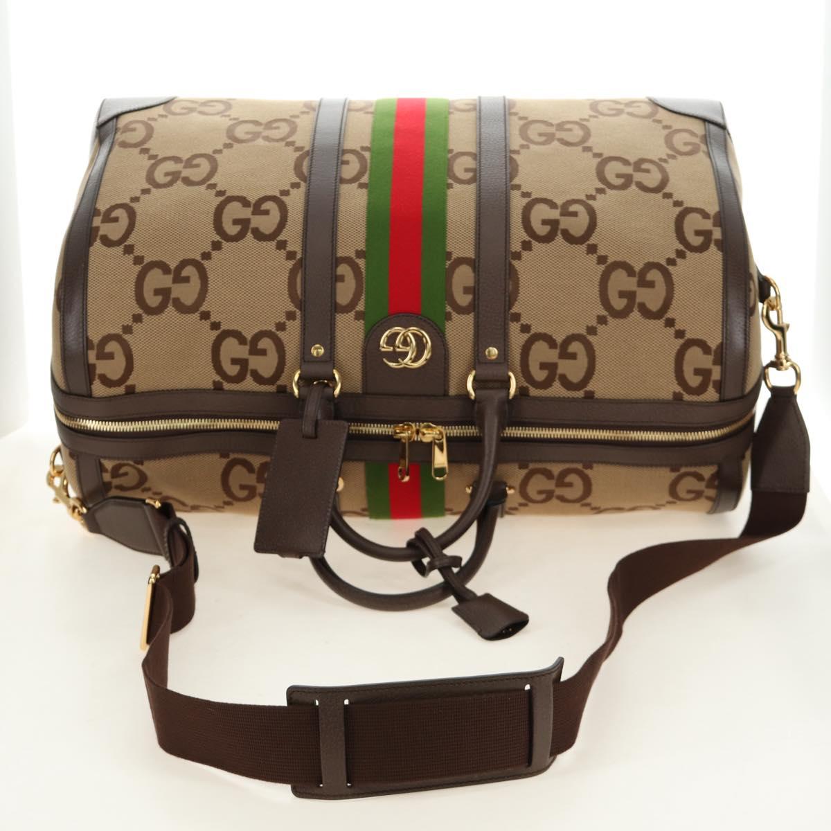 GUCCI Jumbo GG Web Sherry Line Boston Bag 2way Beige Gold 696039 Auth 185694SM