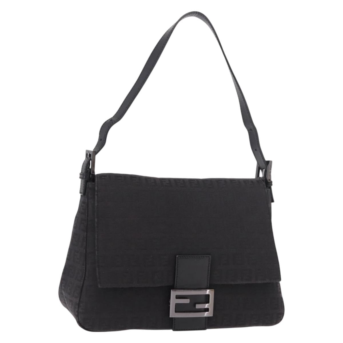 FENDI Zucchino Canvas Mamma Baguette Shoulder Bag Black Auth 185724SAV