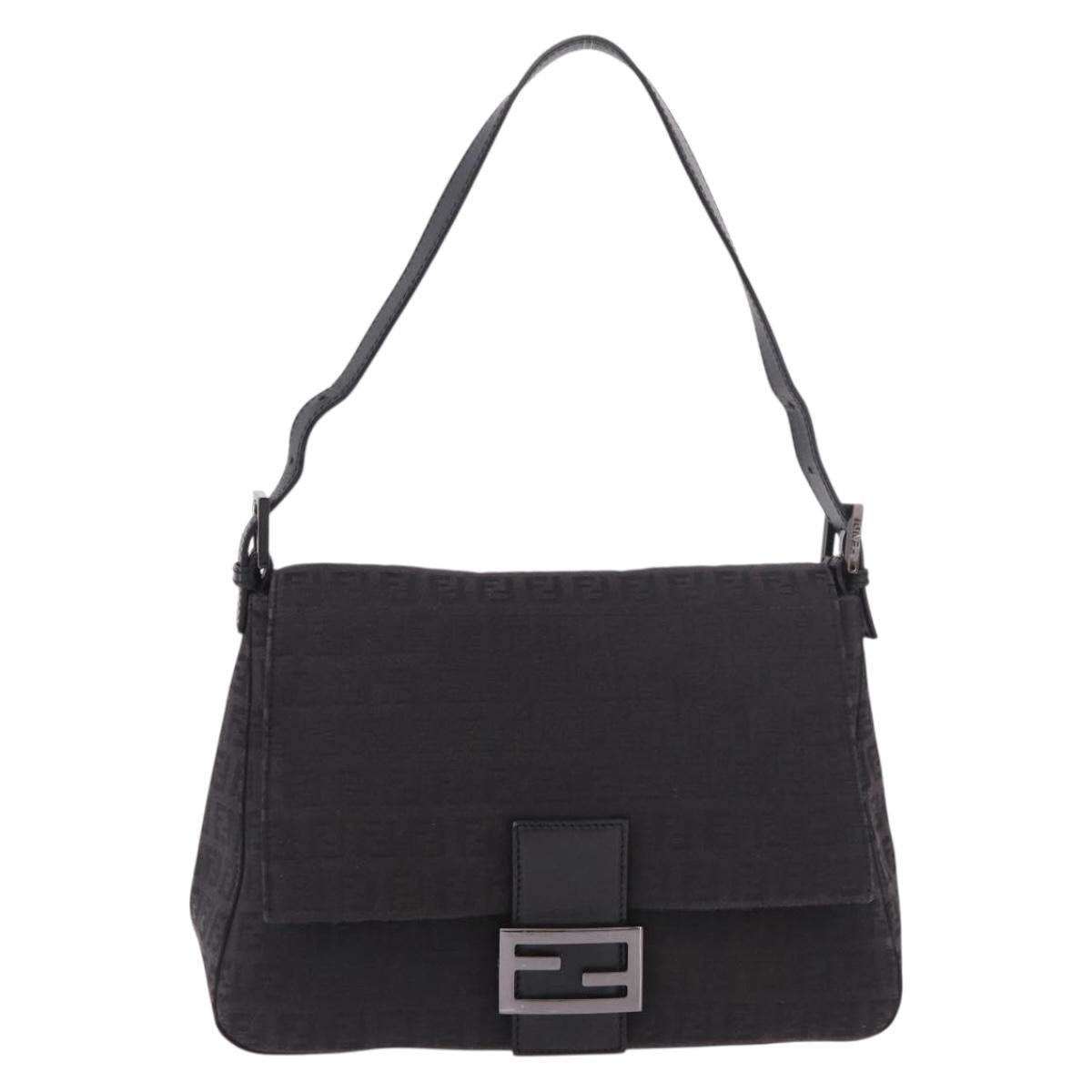 FENDI Zucchino Canvas Mamma Baguette Shoulder Bag Black Auth 185724SAV