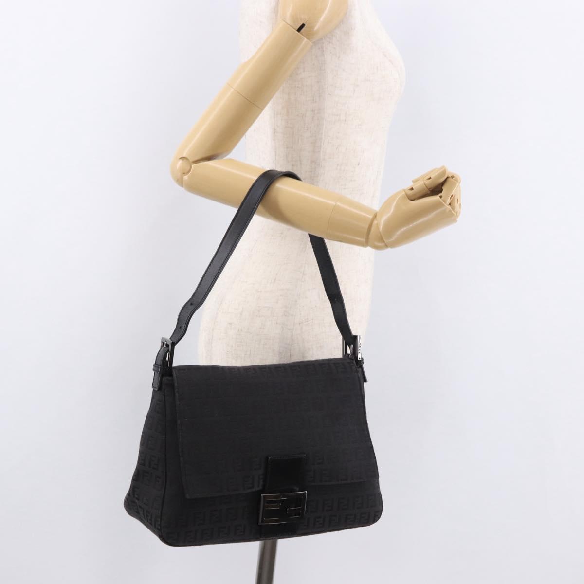 FENDI Zucchino Canvas Mamma Baguette Shoulder Bag Black Auth 185724SAV