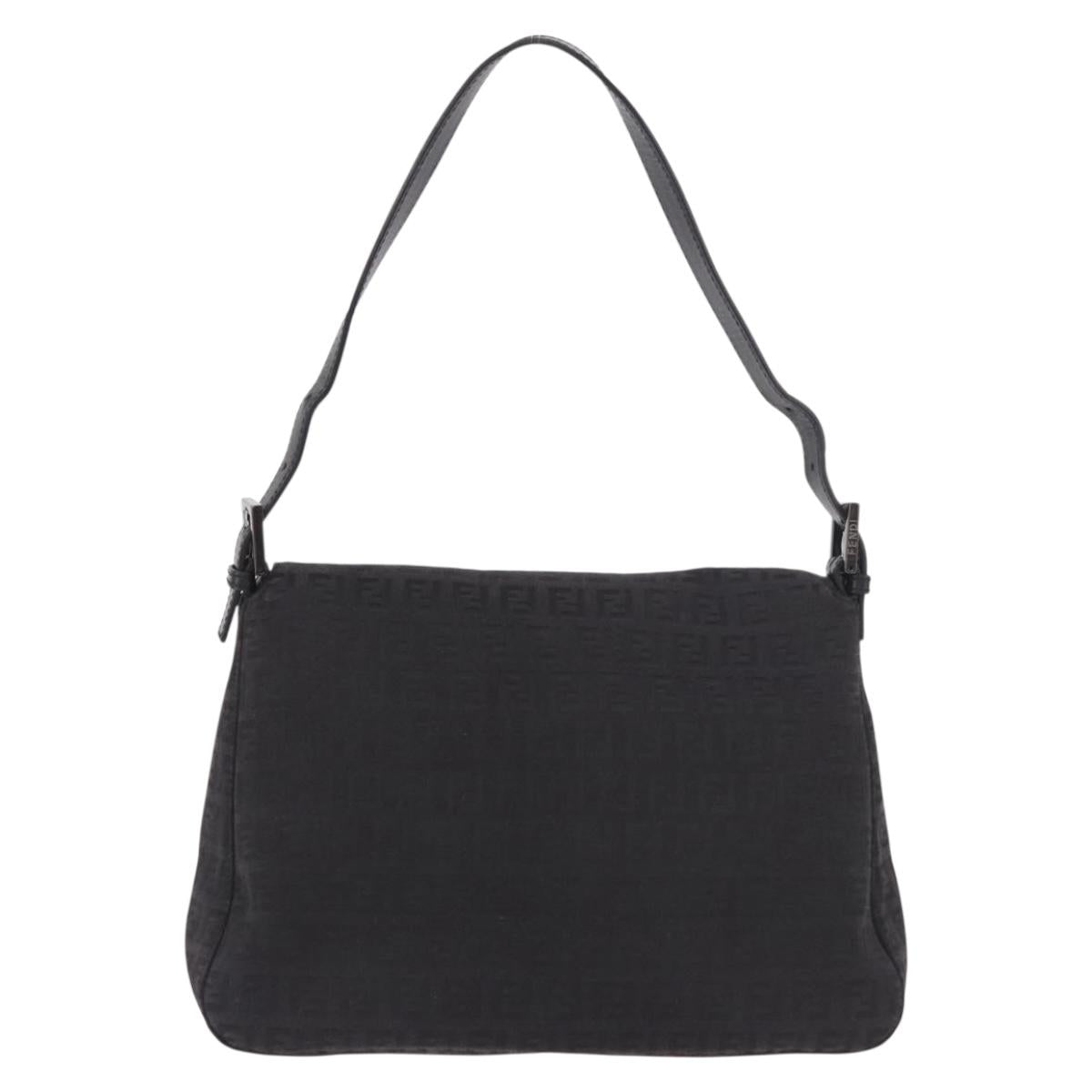FENDI Zucchino Canvas Mamma Baguette Shoulder Bag Black Auth 185724SAV