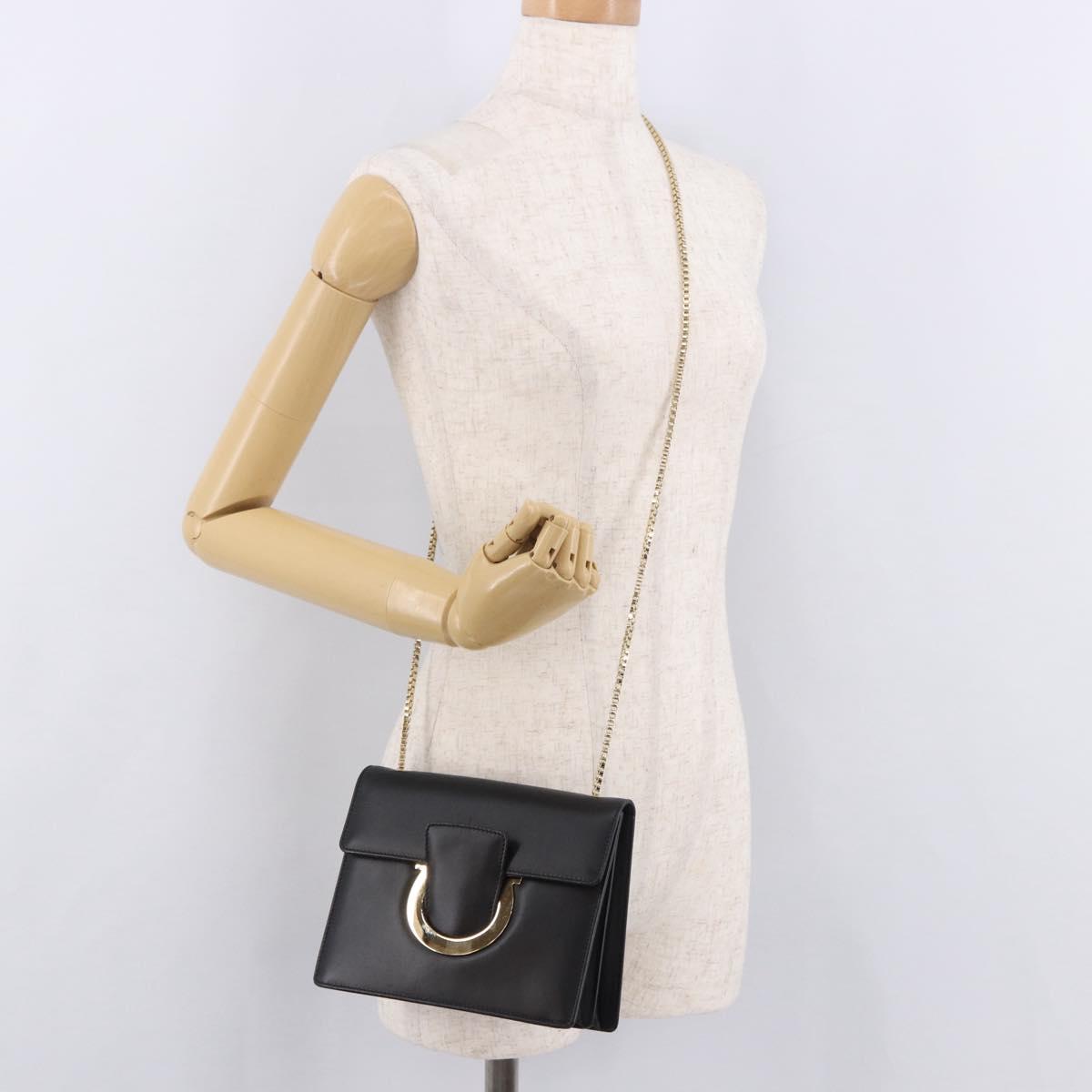 Salvatore Ferragamo Gancini Chain Shoulder Bag Leather Black Gold Auth 185725A