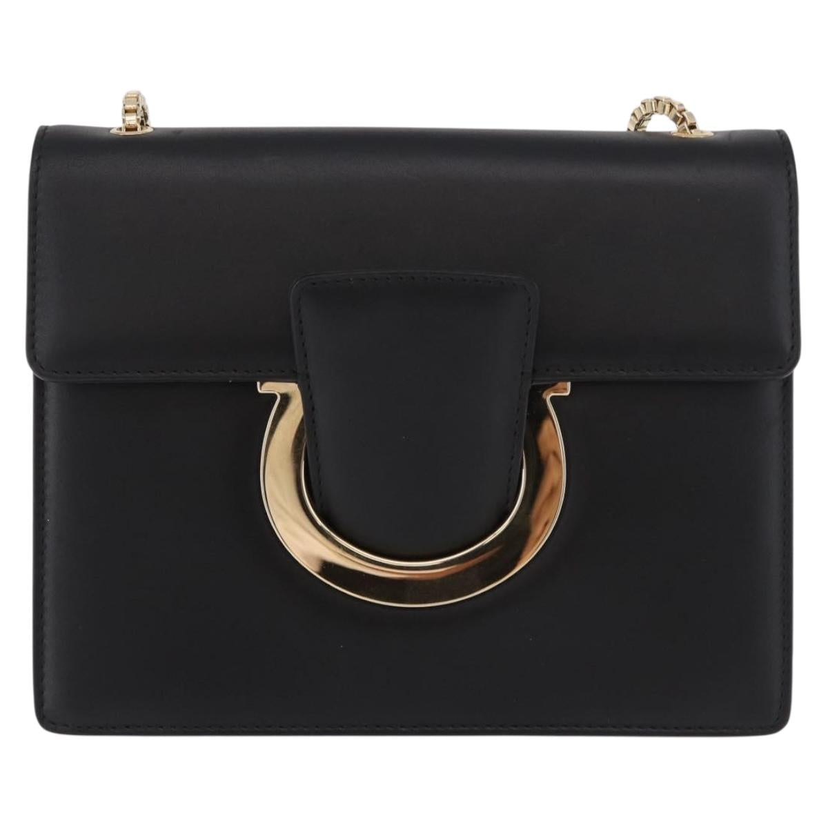 Salvatore Ferragamo Gancini Chain Shoulder Bag Leather Black Gold Auth 185725A