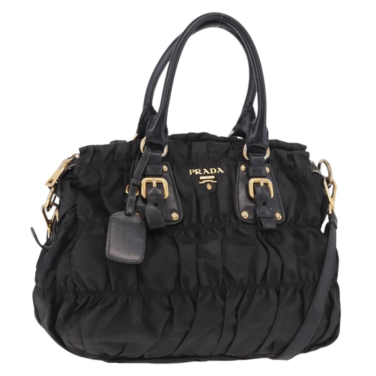 PRADA Hand Bag Nylon 2way Black Gold Auth 185729