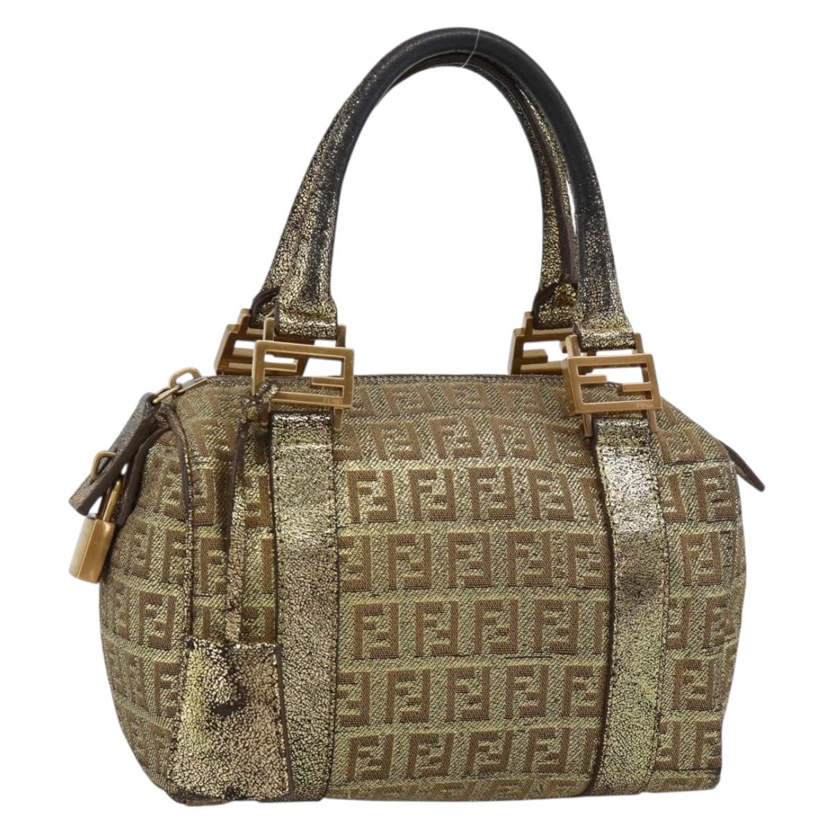 FENDI Zucchino Canvas Hand Bag Gold Auth 185735