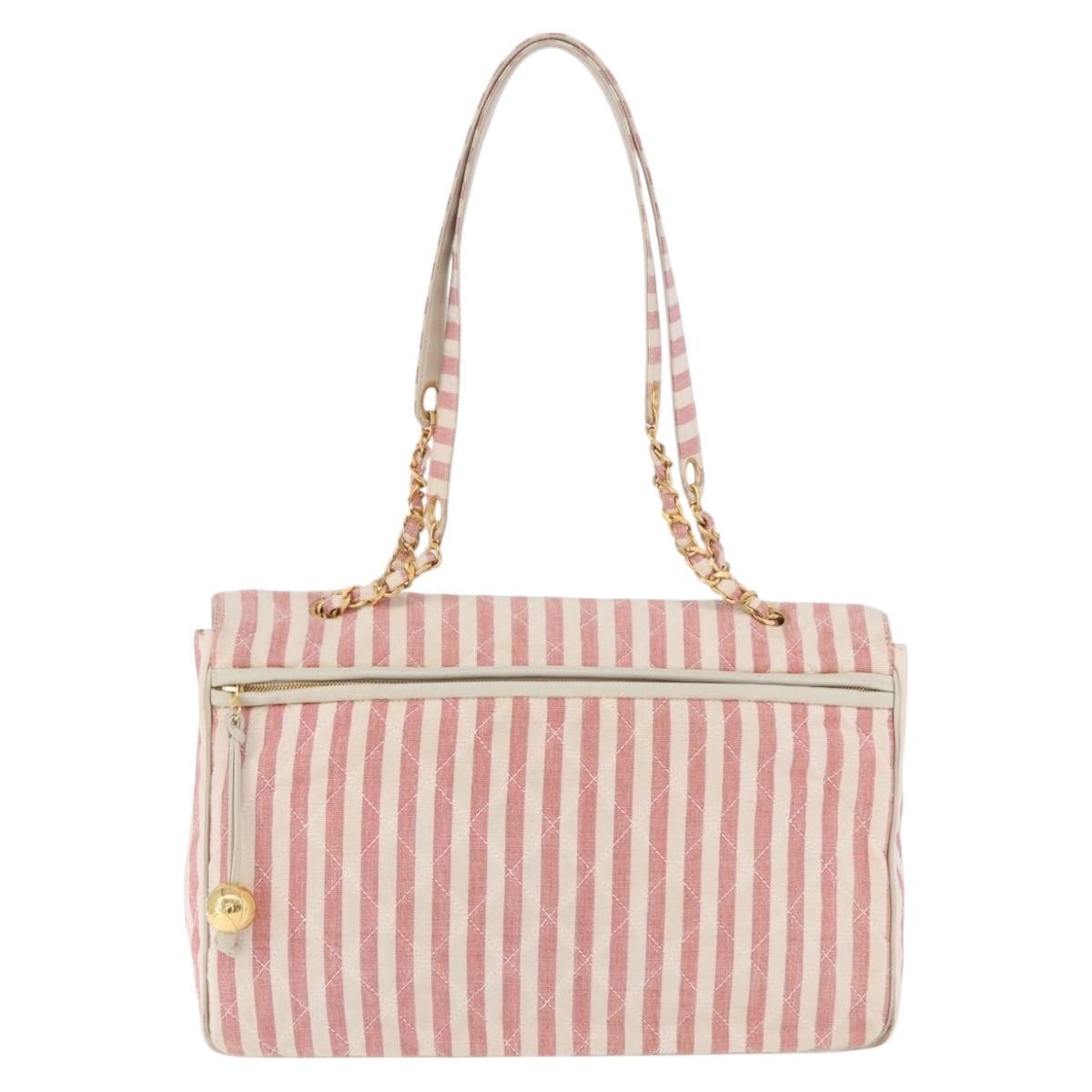 CHANEL Big Matelasse Chain Shoulder Bag Canvas Pink Gold CC Auth 185745SAV