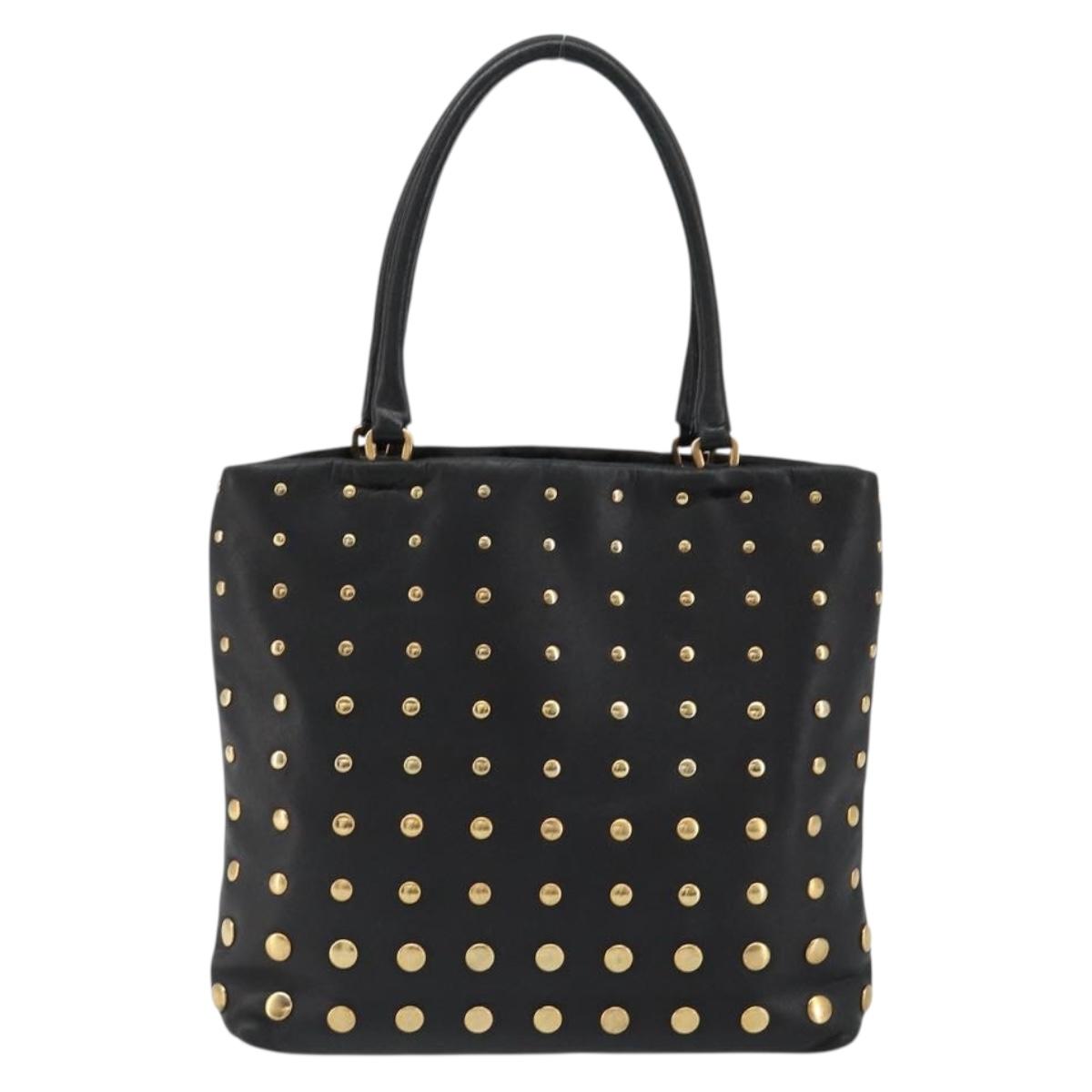 PRADA Hand Bag Leather Black Gold Auth 185746A