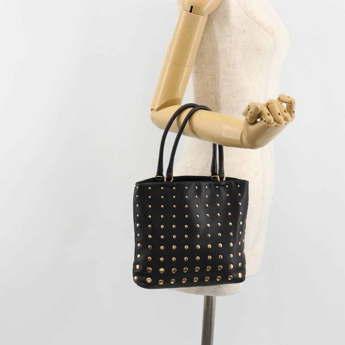 PRADA Hand Bag Leather Black Gold Auth 185746A
