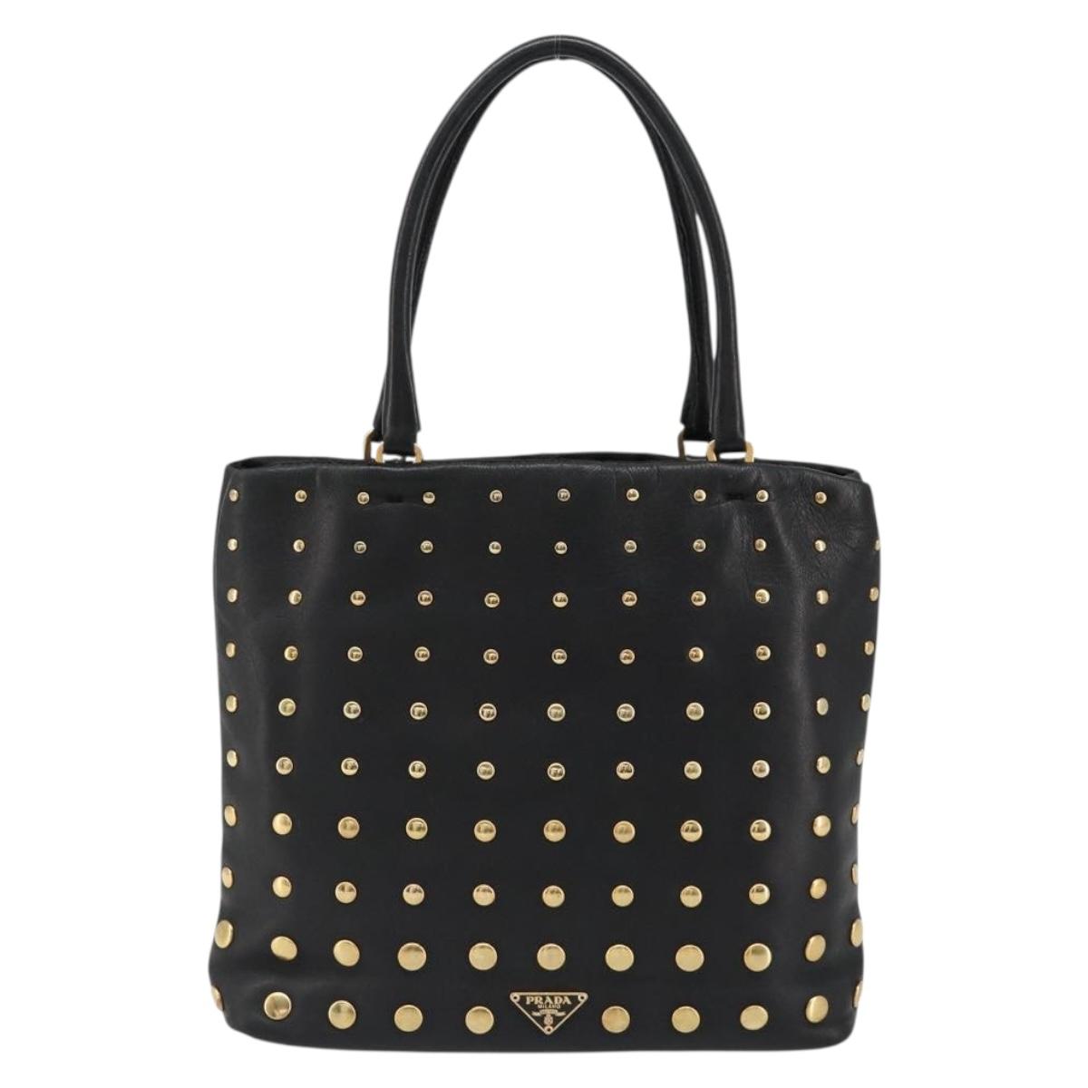 PRADA Hand Bag Leather Black Gold Auth 185746A