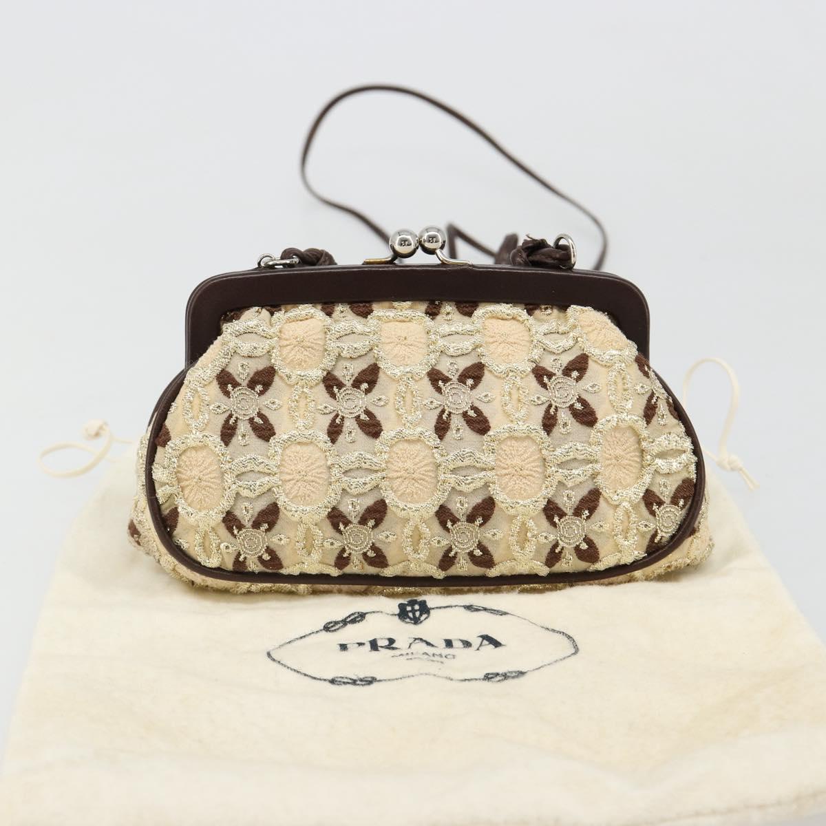 PRADA Coin Purse Shoulder Pouch Canvas Beige Silver Auth 185760SAV