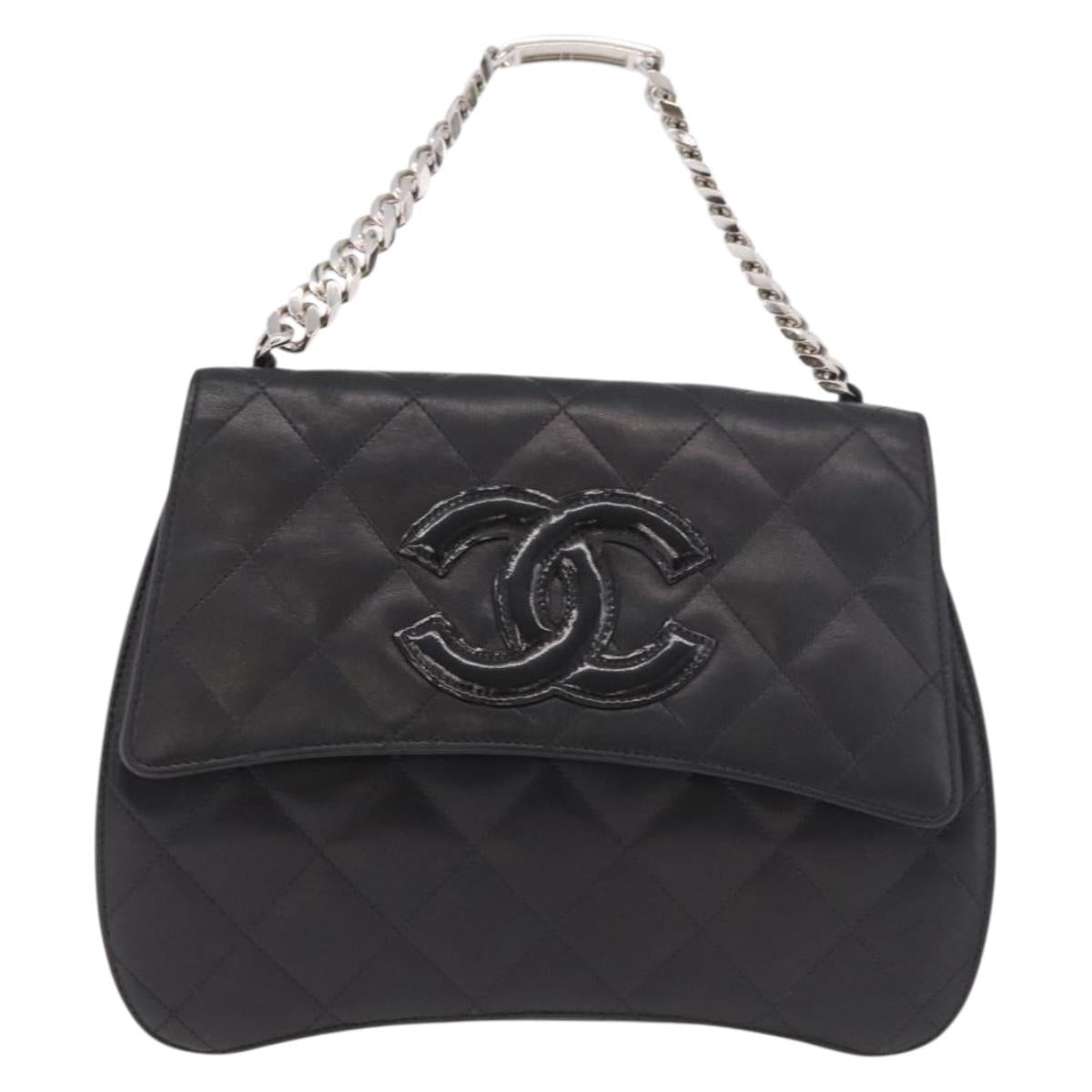CHANEL Matelasse Chain Hand Bag Lamb Skin Black Silver CC Auth 185765