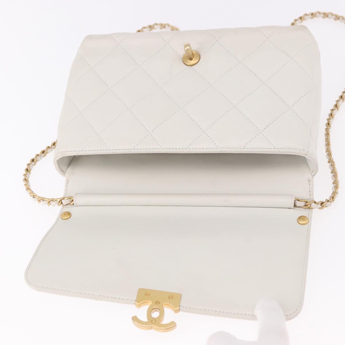 CHANEL Matelasse Chain Shoulder Bag Lamb Skin 2way White Gold CC Auth 185768SAM