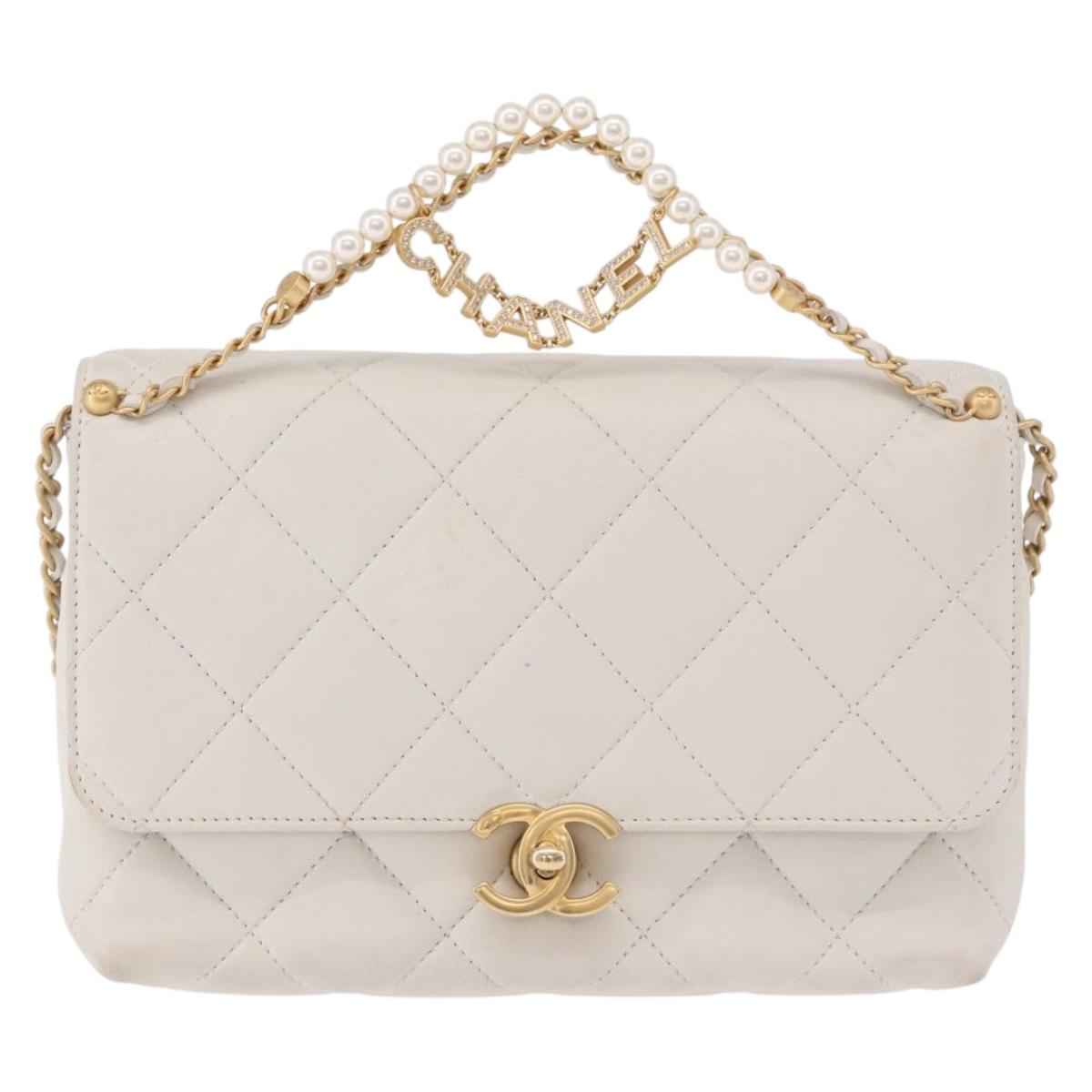 CHANEL Matelasse Chain Shoulder Bag Lamb Skin 2way White Gold CC Auth 185768SAM