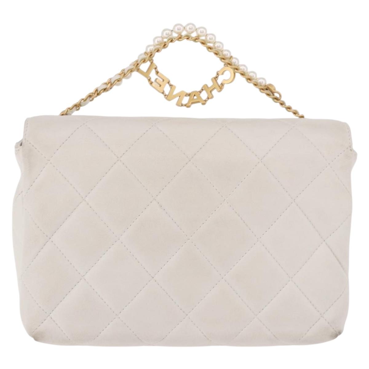 CHANEL Matelasse Chain Shoulder Bag Lamb Skin 2way White Gold CC Auth 185768SAM