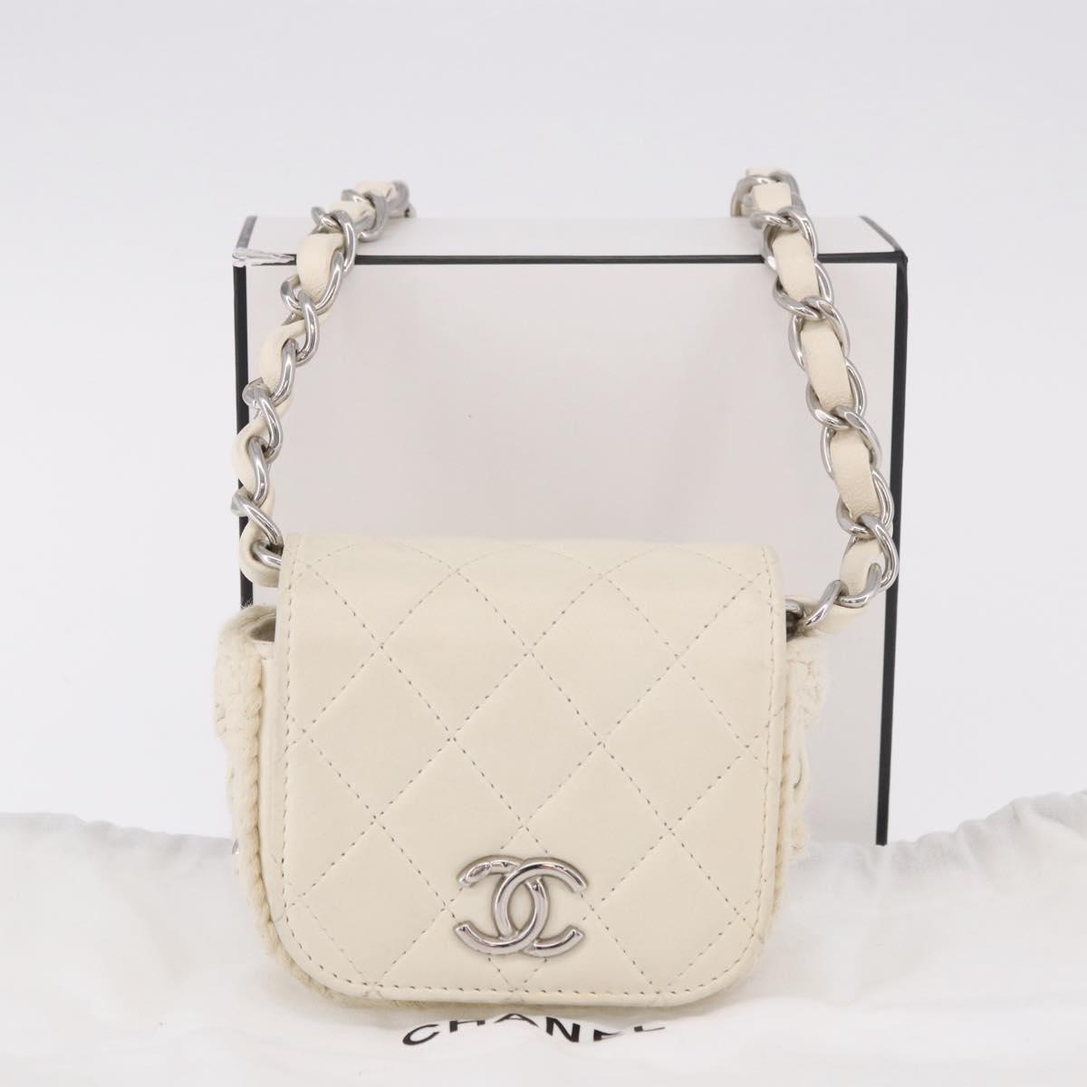 CHANEL Matelasse Chain Shoulder Bag Lamb Skin White Silver CC Auth 185770SAM