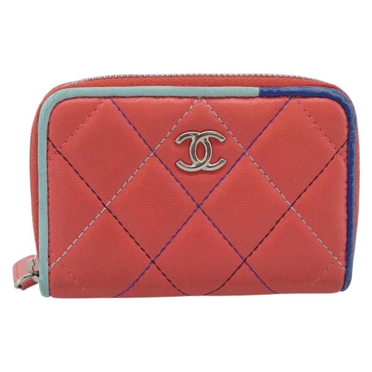 CHANEL Matelasse Coin Purse Lamb Skin Pink Silver CC Auth 185777A