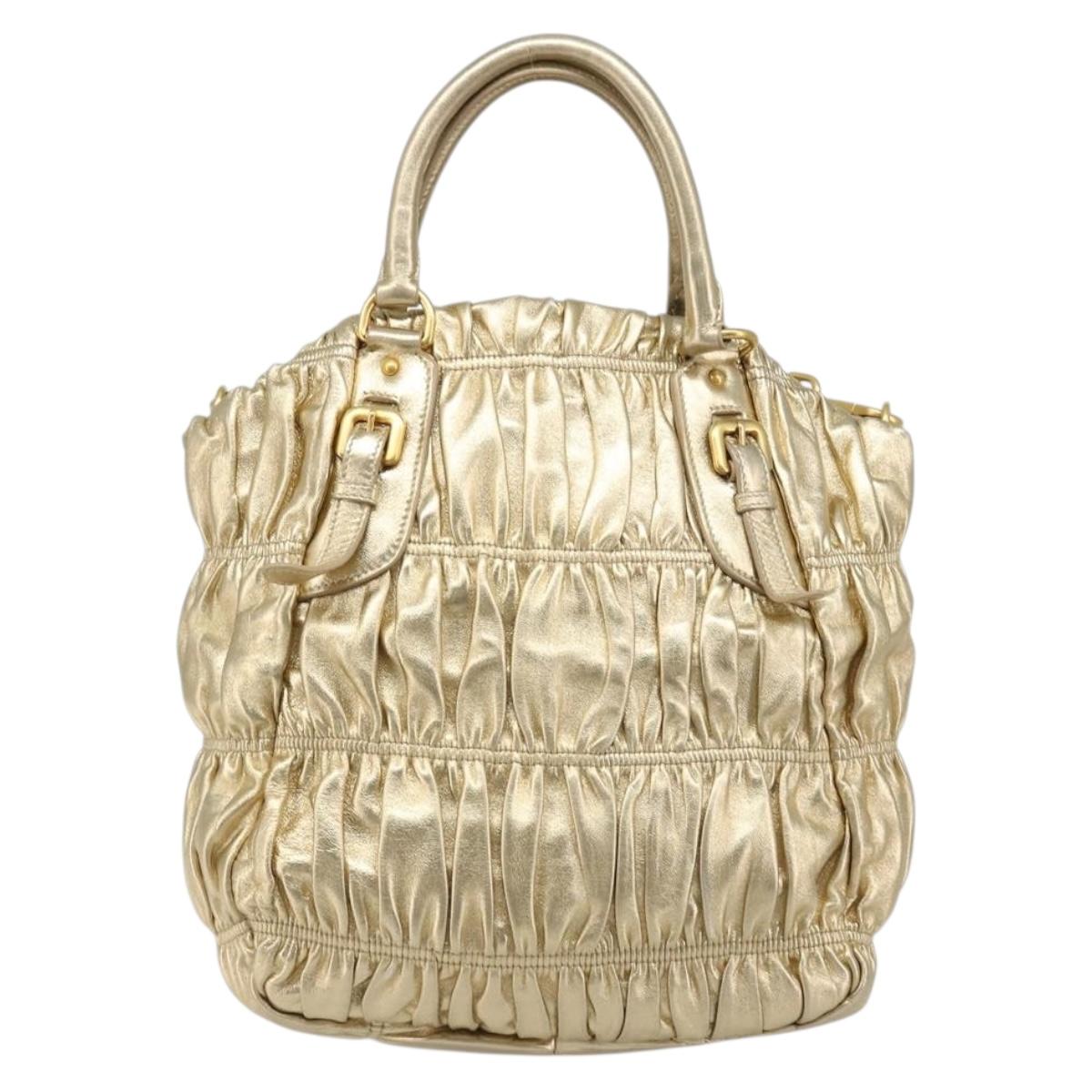 PRADA Hand Bag Leather 2way Gold Tone Gold Auth 185803V