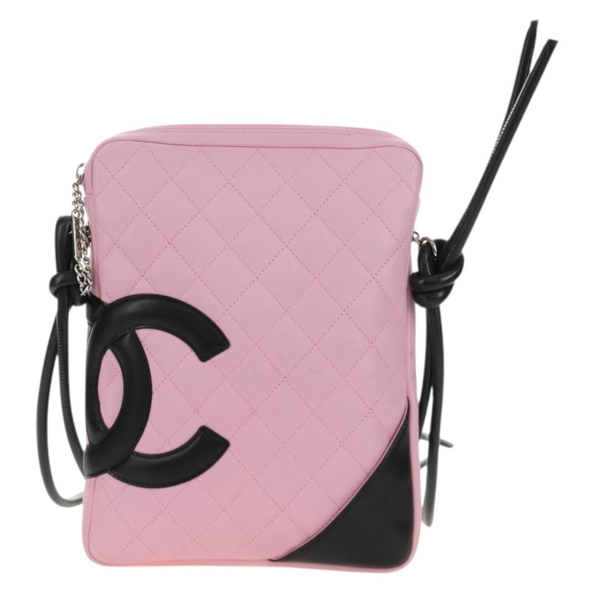 CHANEL Matelasse Cambon Line Shoulder Bag Leather Pink Silver CC Auth 185807SAM