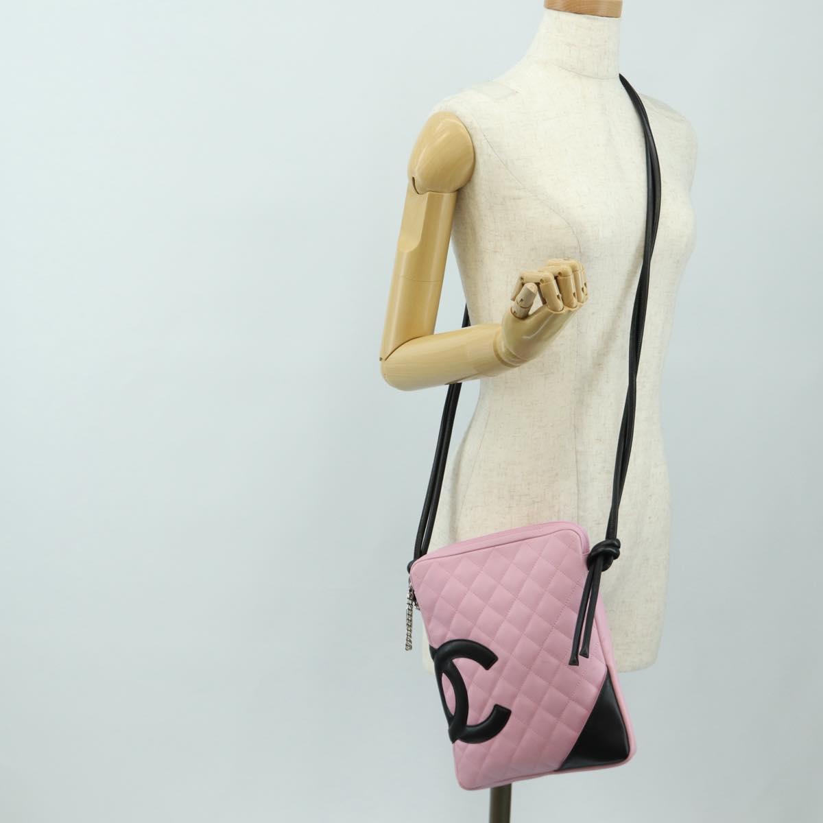 CHANEL Matelasse Cambon Line Shoulder Bag Leather Pink Silver CC Auth 185807SAM