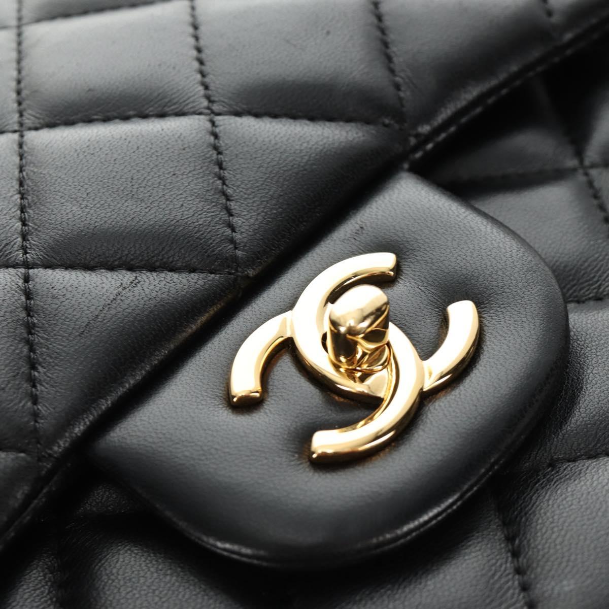 CHANEL Matelasse 30 Chain Double Flap Bag Lamb Skin Gold Black CC Auth 185808SM
