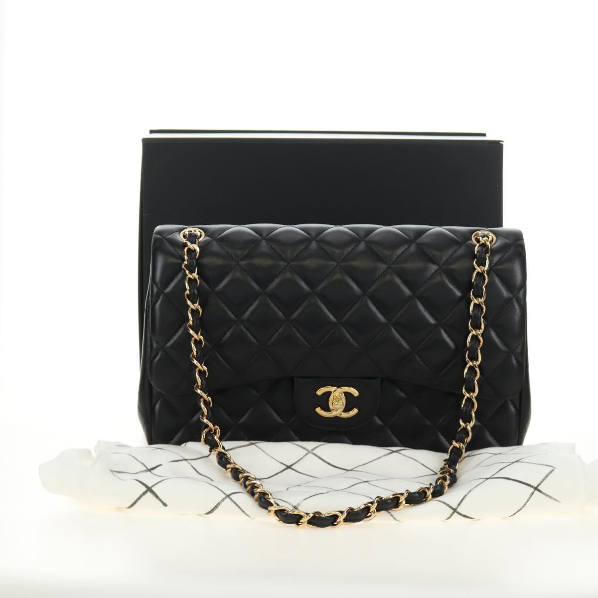 CHANEL Matelasse 30 Chain Double Flap Bag Lamb Skin Gold Black CC Auth 185808SM