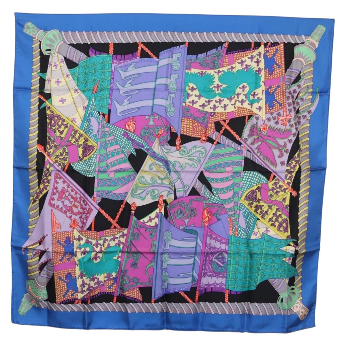 HERMES Carre 90 Scarf ""Etendards et Bonnieres"" Silk Purple Auth 185813M