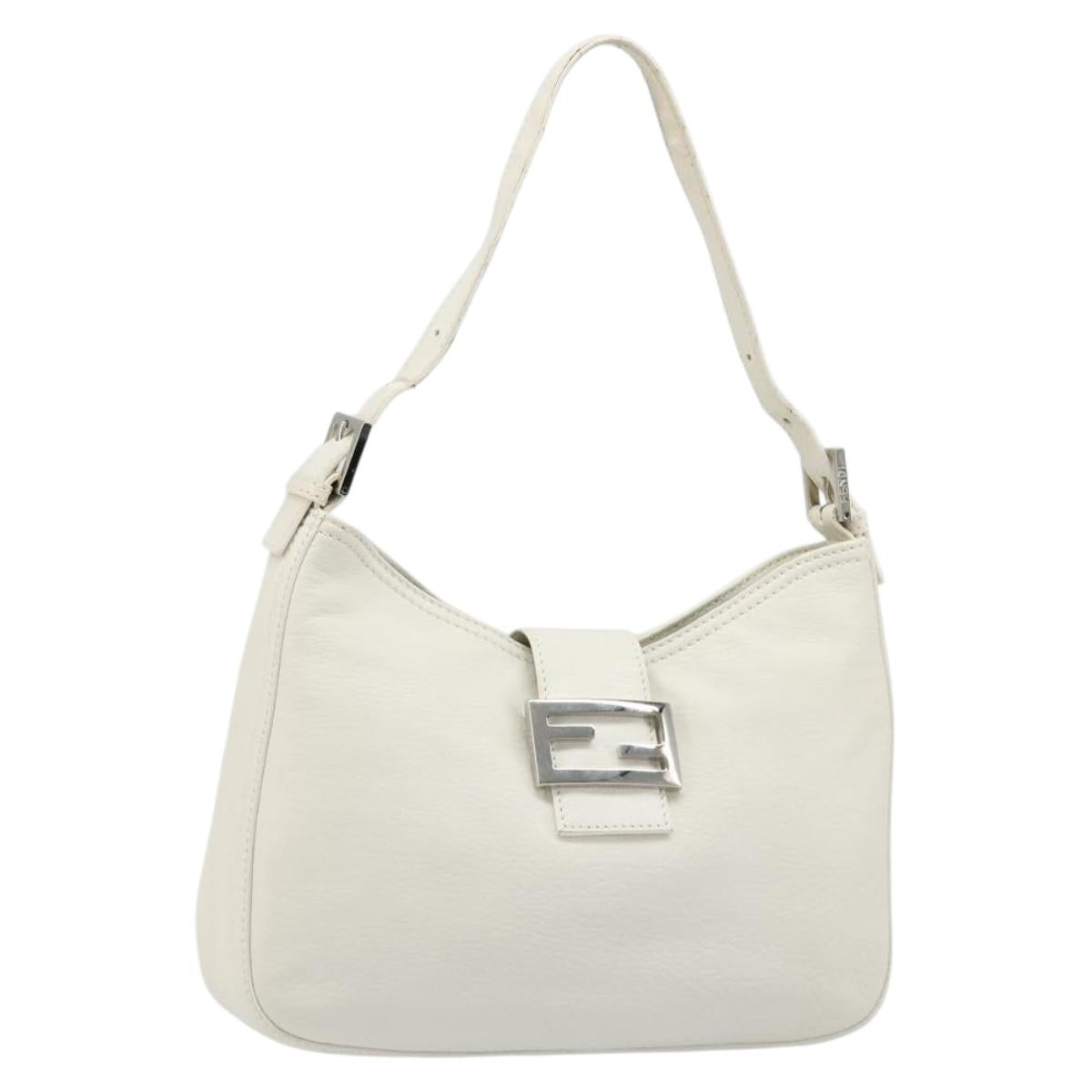 FENDI Mamma Baguette Shoulder Bag Leather White Silver Auth 185820M
