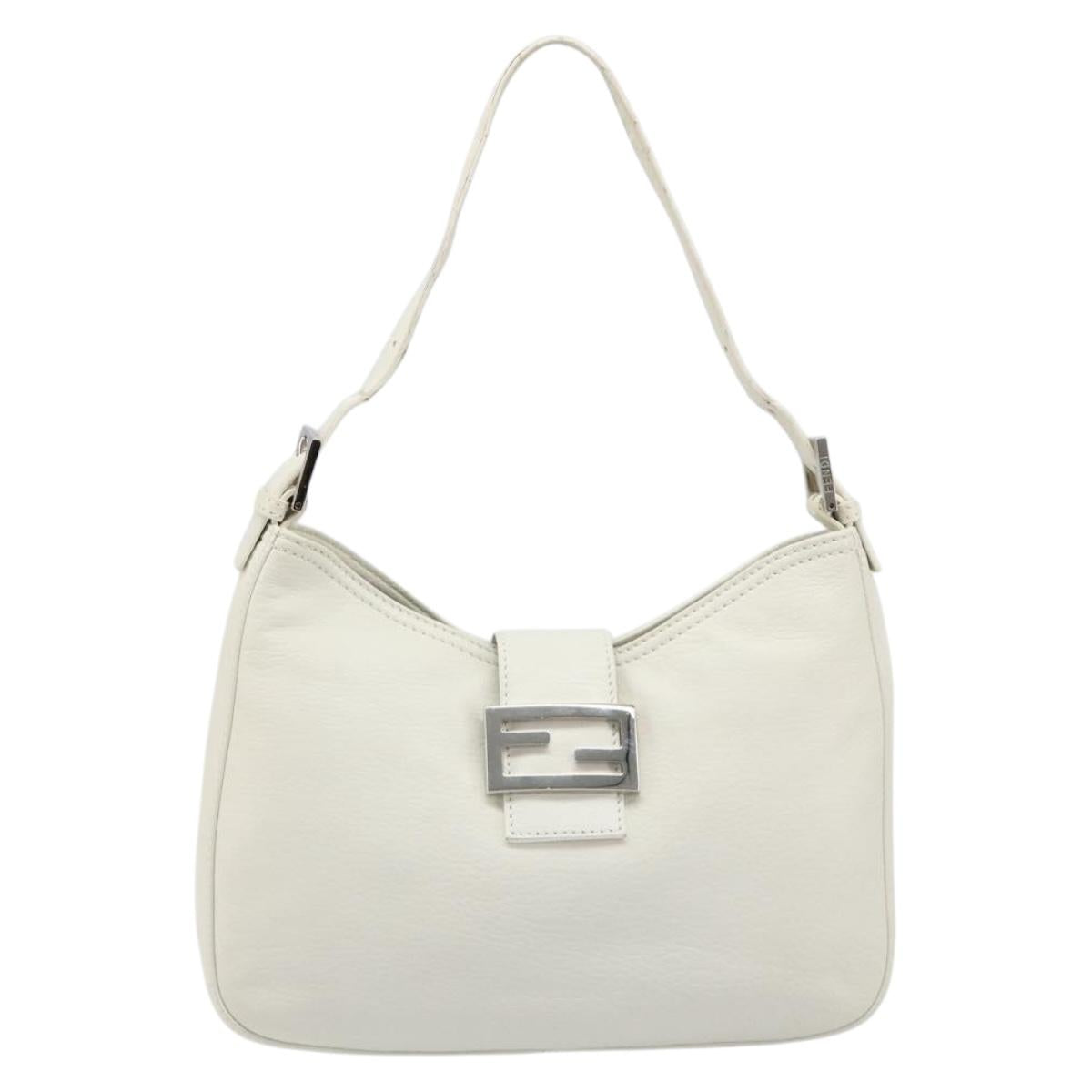 FENDI Mamma Baguette Shoulder Bag Leather White Silver Auth 185820M
