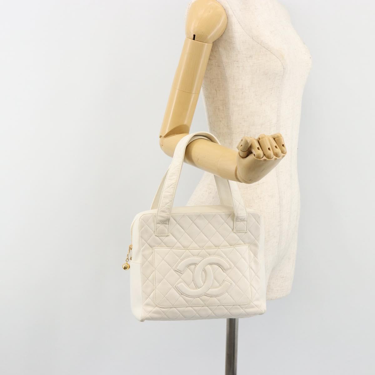 CHANEL Matelasse Hand Bag Canvas White Gold CC Auth 185821A