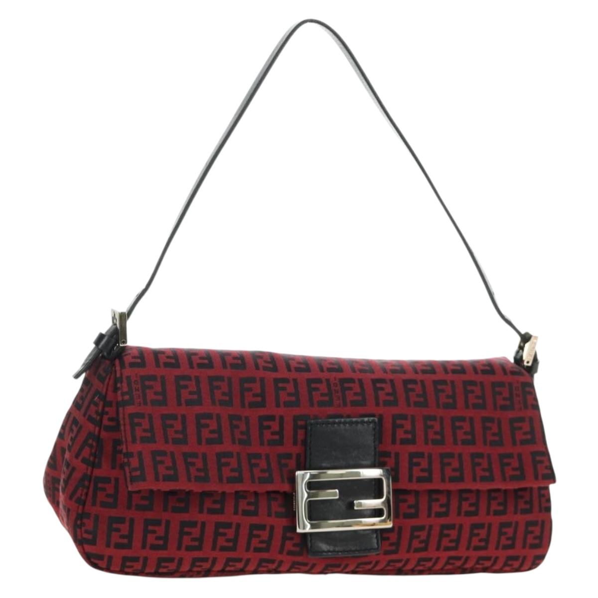 FENDI Zucchino Canvas Mamma Baguette Shoulder Bag Red Silver Auth 185835SAM