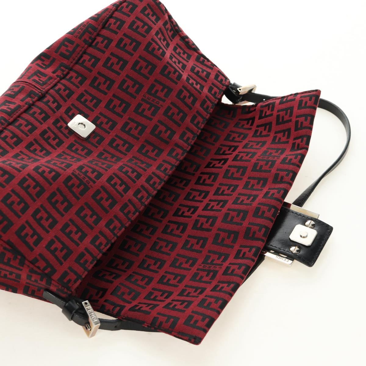 FENDI Zucchino Canvas Mamma Baguette Shoulder Bag Red Silver Auth 185835SAM