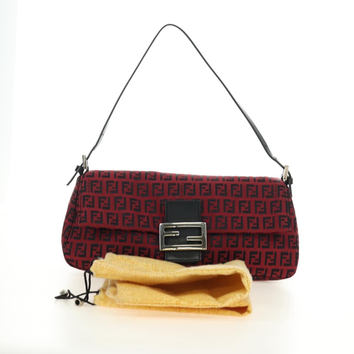 FENDI Zucchino Canvas Mamma Baguette Shoulder Bag Red Silver Auth 185835SAM