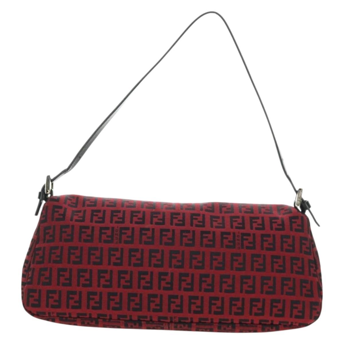 FENDI Zucchino Canvas Mamma Baguette Shoulder Bag Red Silver Auth 185835SAM