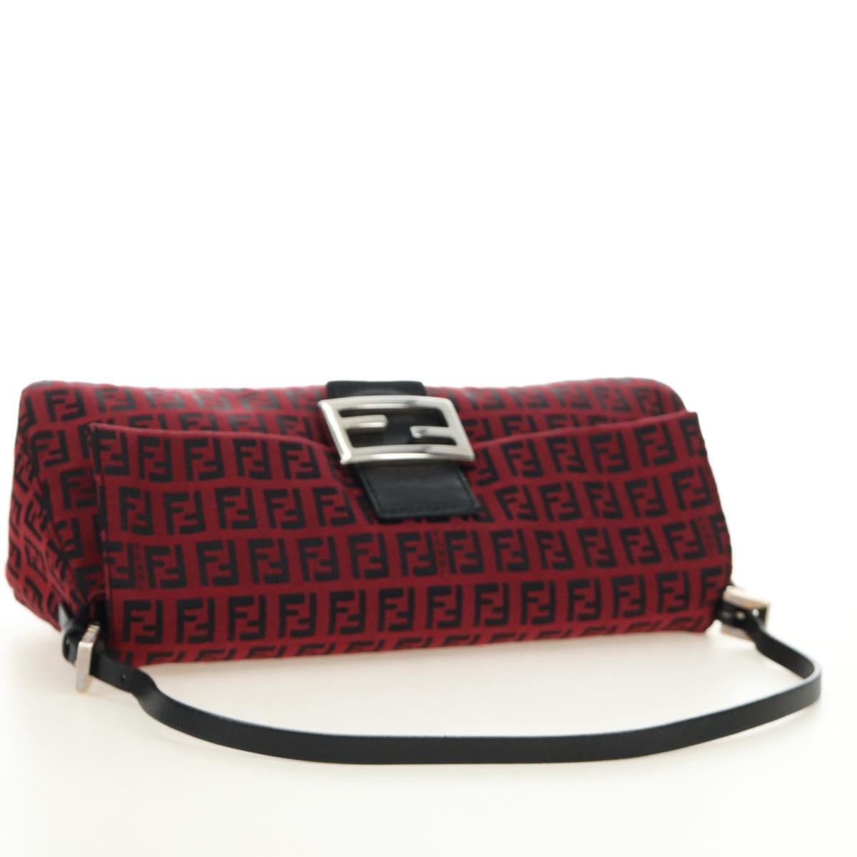 FENDI Zucchino Canvas Mamma Baguette Shoulder Bag Red Silver Auth 185835SAM