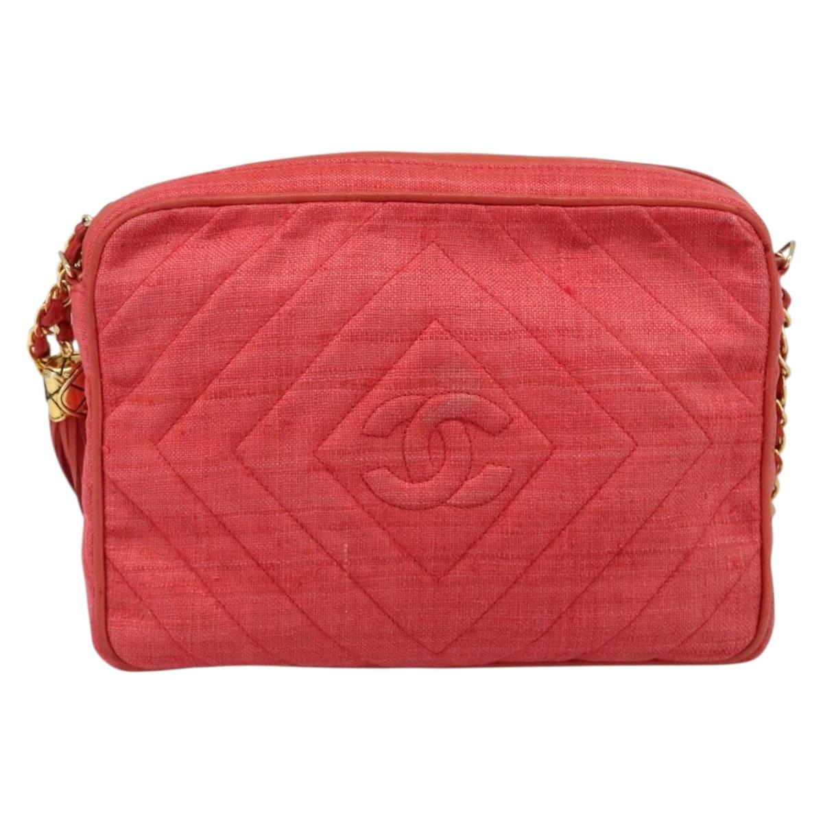 CHANEL Chain Shoulder Bag Canvas Red Gold CC Auth 185838A