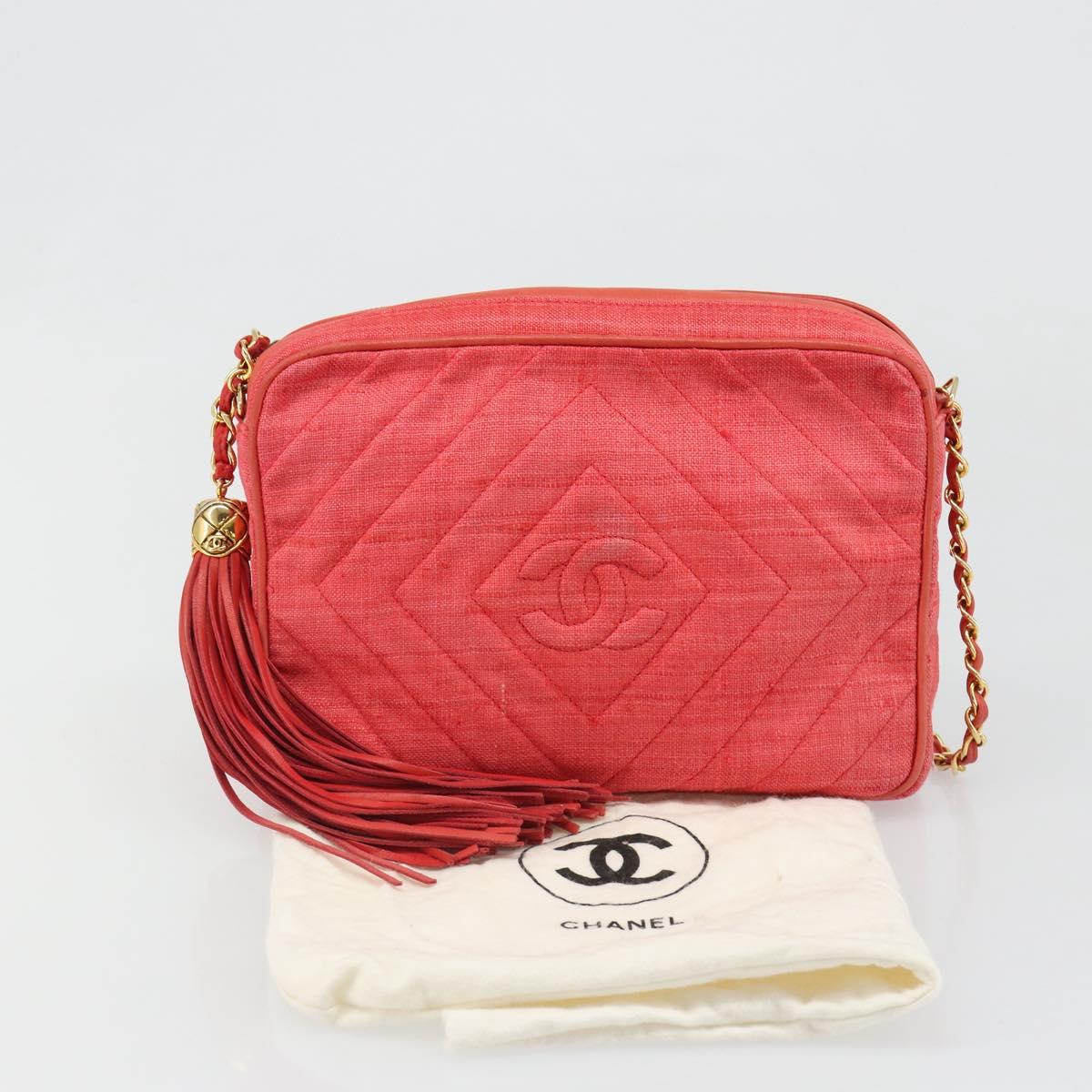 CHANEL Chain Shoulder Bag Canvas Red Gold CC Auth 185838A