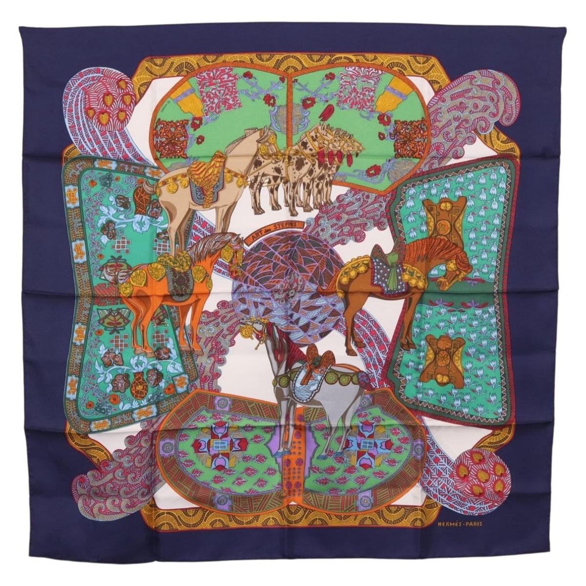 HERMES Carre 90 Scarf ""ART des STEPPES"" Silk Navy Auth 185839