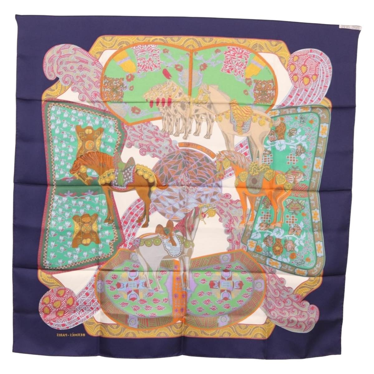 HERMES Carre 90 Scarf ""ART des STEPPES"" Silk Navy Auth 185839