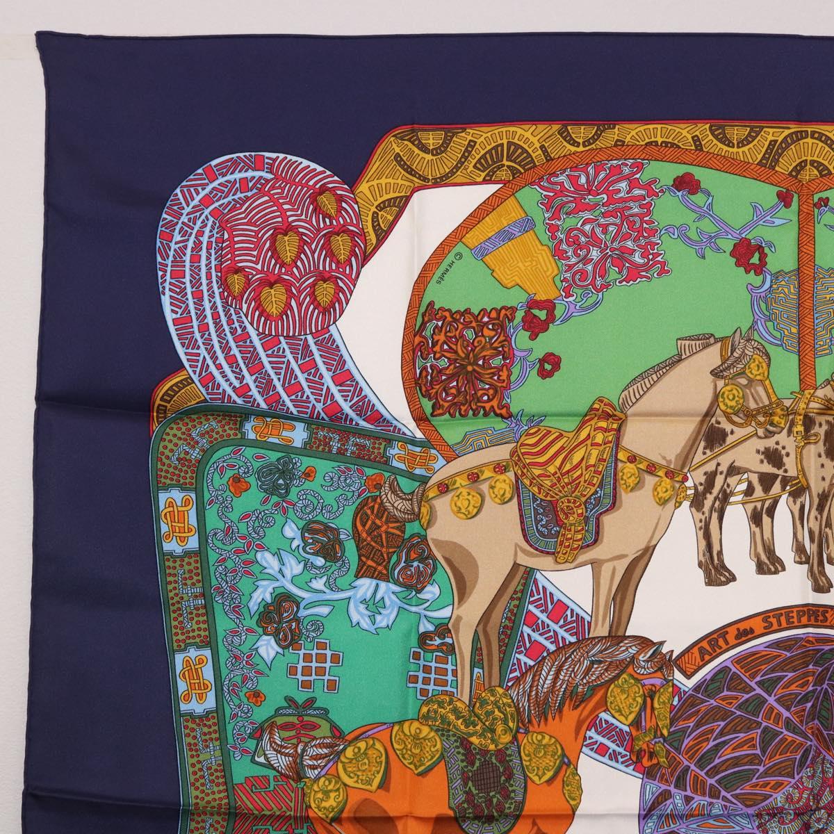 HERMES Carre 90 Scarf ""ART des STEPPES"" Silk Navy Auth 185839