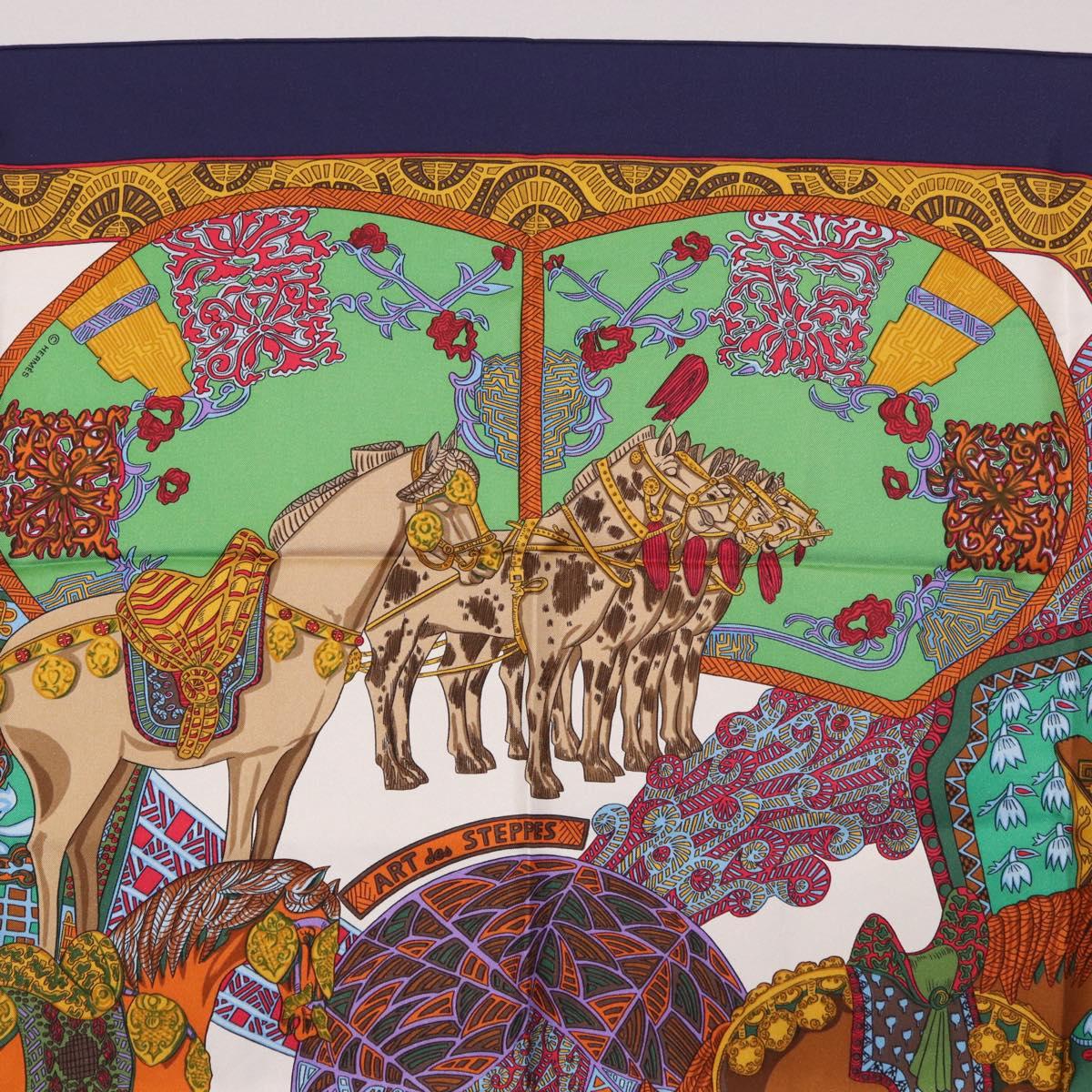 HERMES Carre 90 Scarf ""ART des STEPPES"" Silk Navy Auth 185839