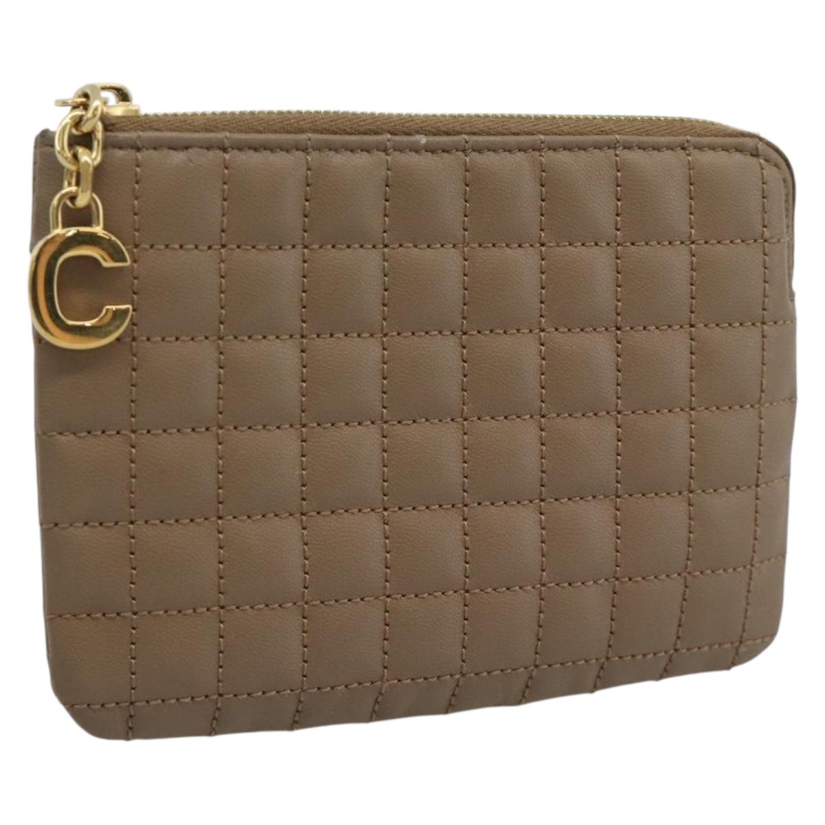 CELINE Coin Purse Leather Beige Gold Auth 185853V