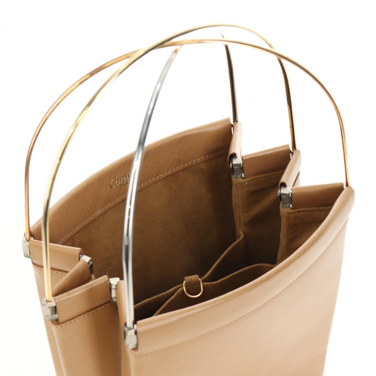 CARTIER Hand Bag Leather Beige Gold Auth 185857M