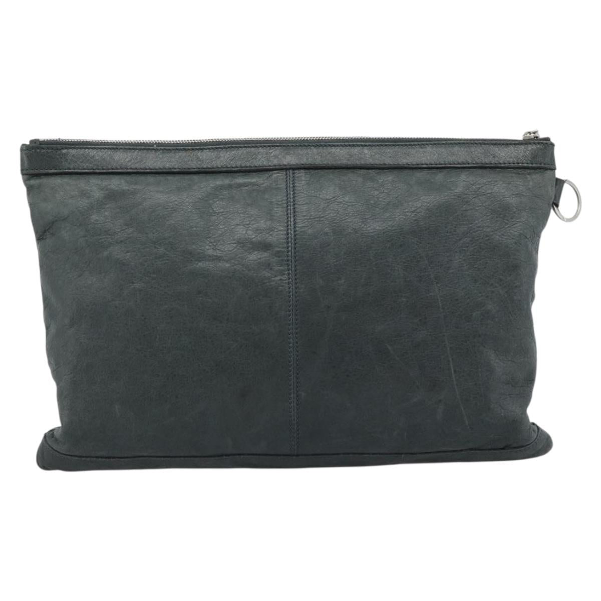 BALENCIAGA Classic Clip Clutch Bag Leather Khaki Silver Auth 185859