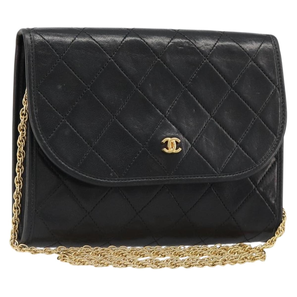 CHANEL Matelasse Chain Shoulder Bag Lamb Skin Gold Black CC Auth 185863A