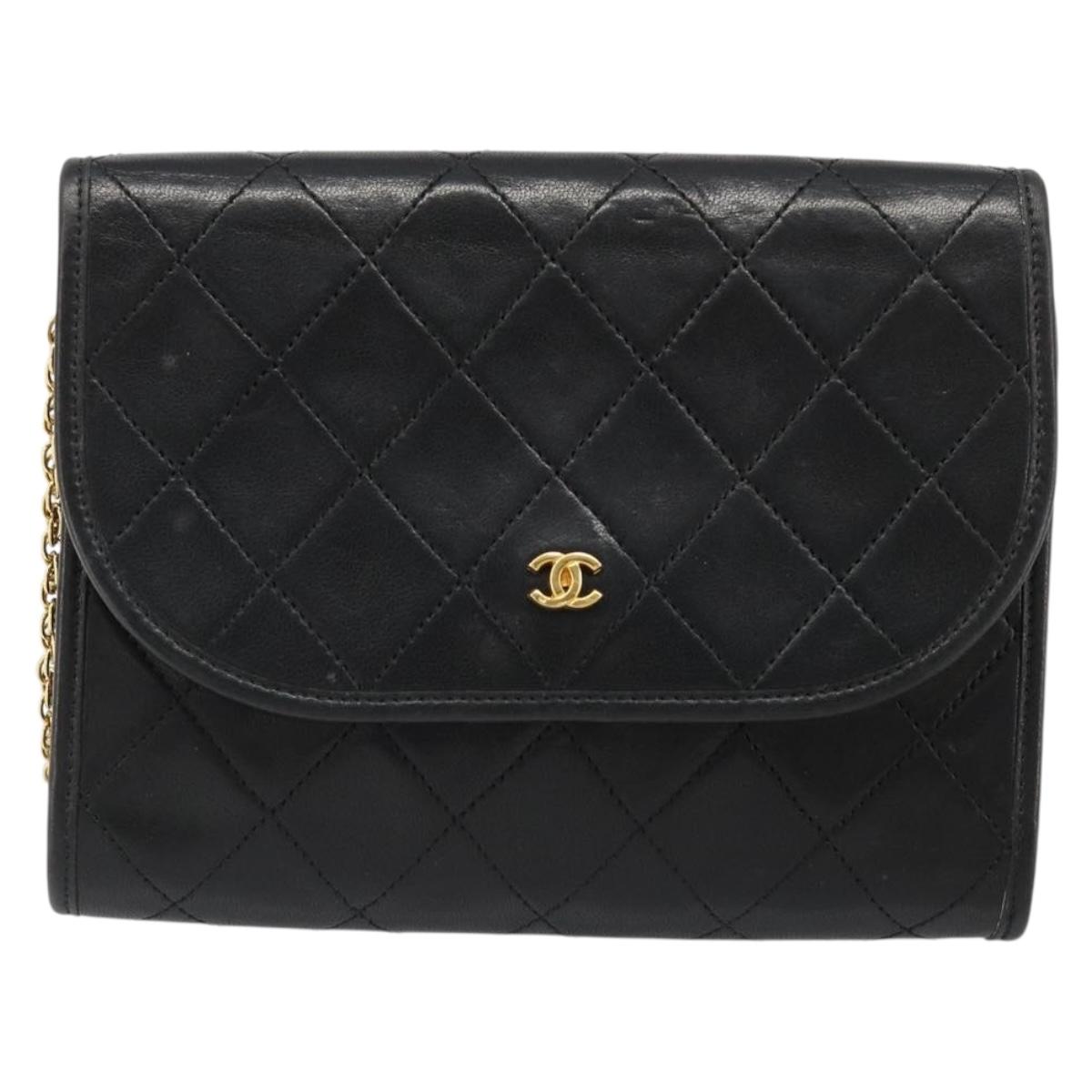 CHANEL Matelasse Chain Shoulder Bag Lamb Skin Gold Black CC Auth 185863A