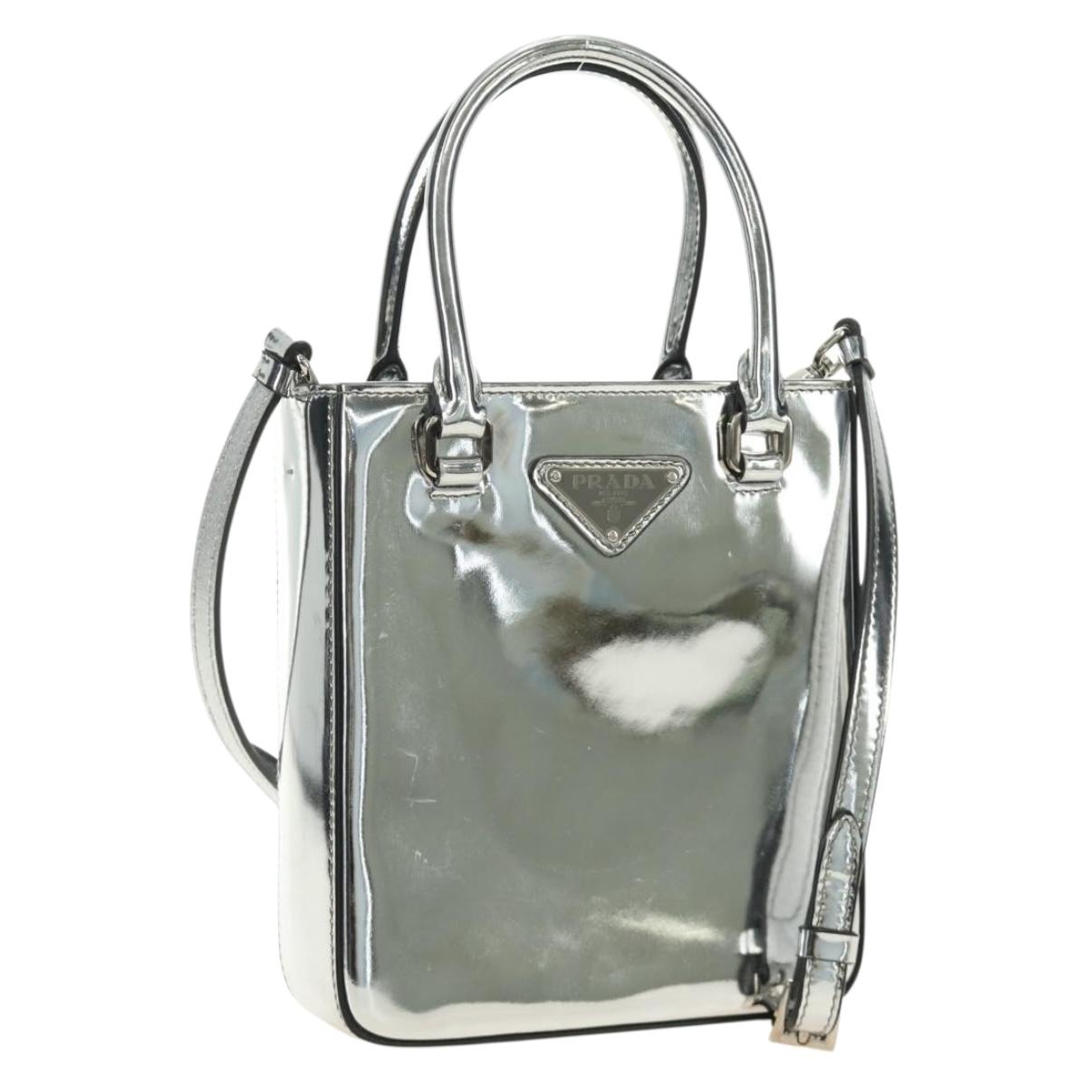 PRADA Hand Bag Patent Leather 2way Silver Auth 185901M