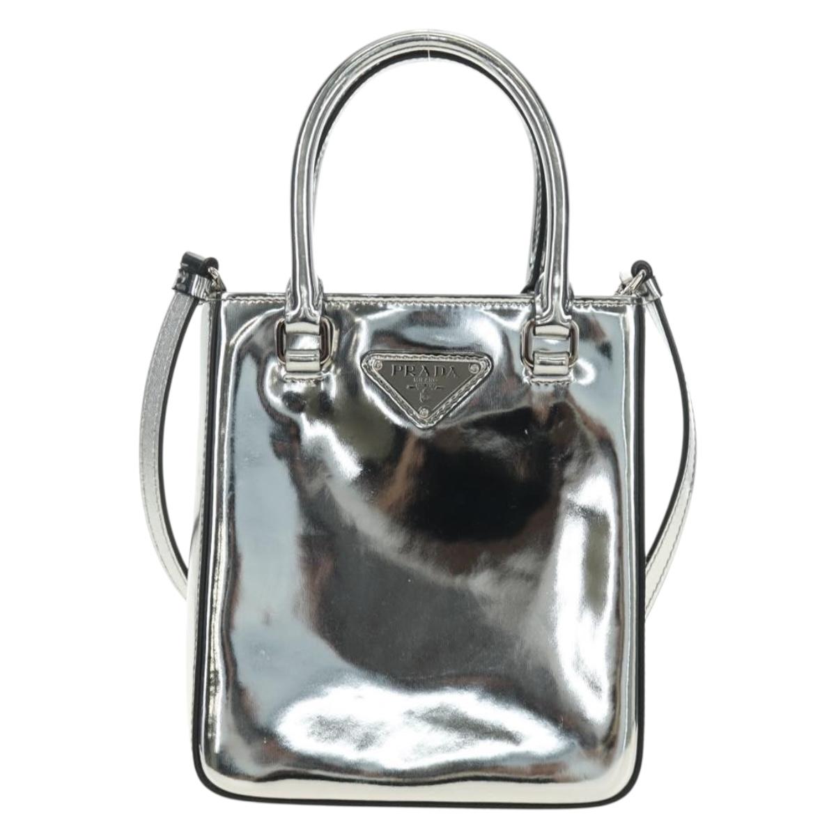 PRADA Hand Bag Patent Leather 2way Silver Auth 185901M