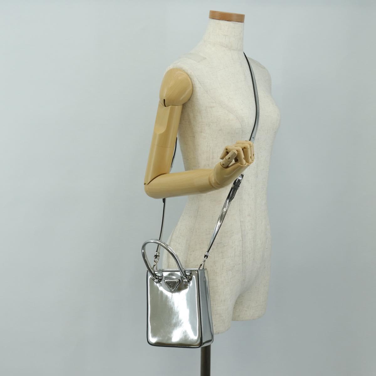 PRADA Hand Bag Patent Leather 2way Silver Auth 185901M