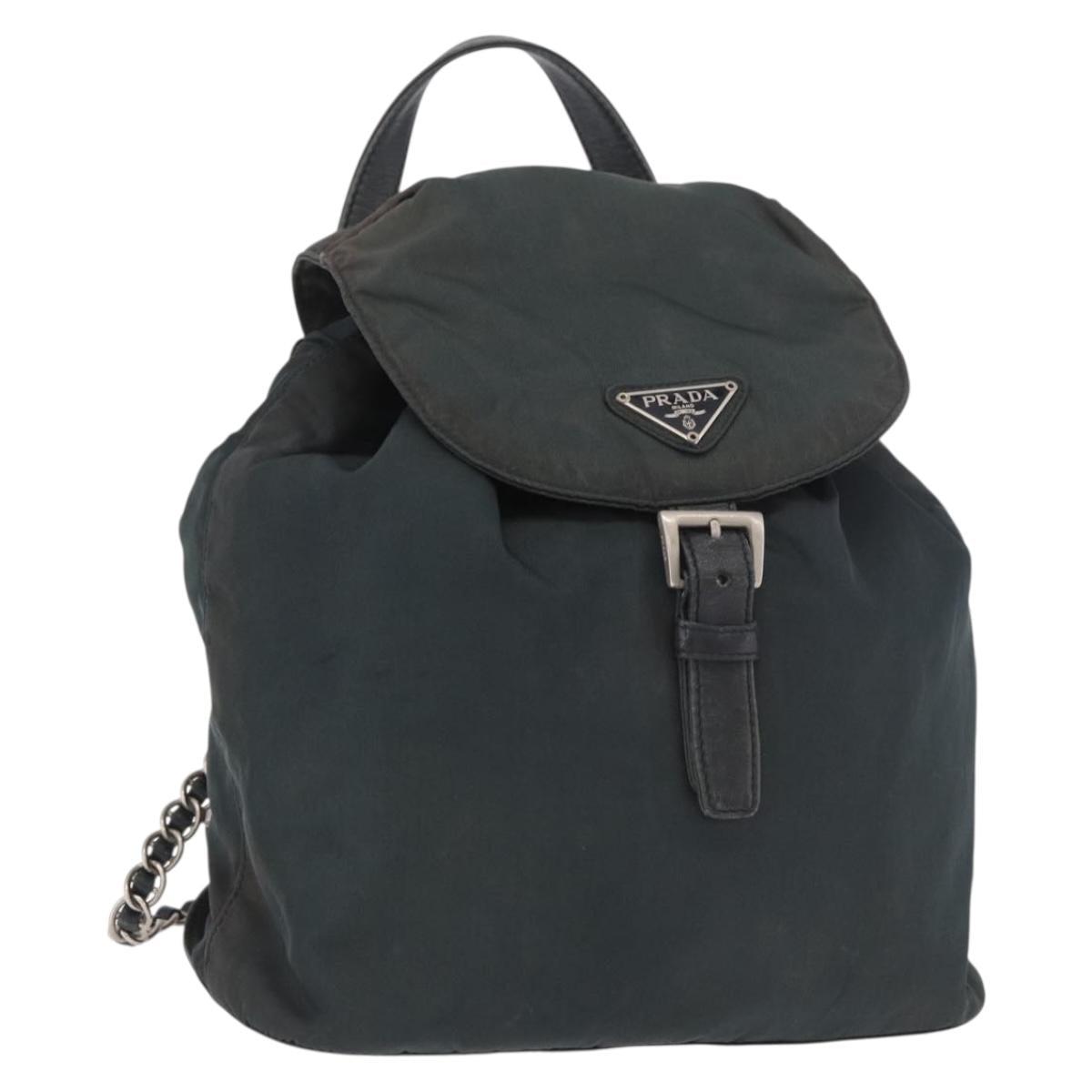 PRADA Chain Shoulder Backpack Nylon Green Silver Auth 185902A