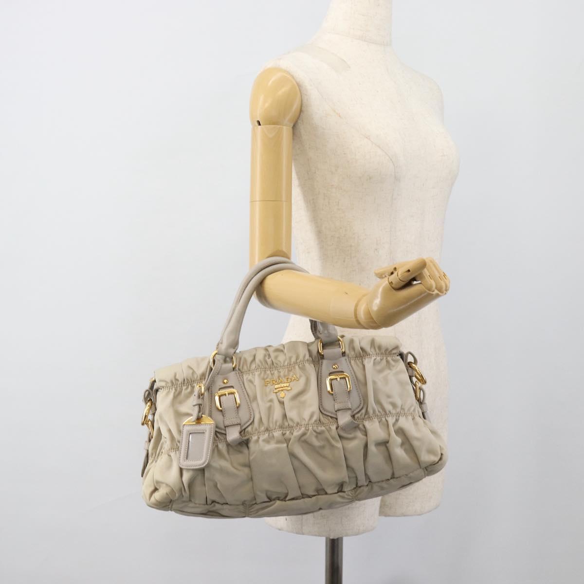 PRADA Gathered Hand Bag Nylon Beige Gold Auth 185921